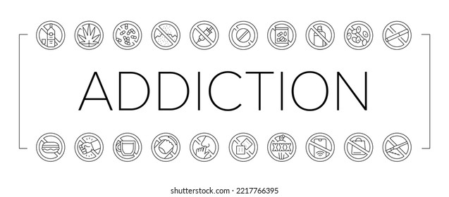 Addiction Substance Dependence Icons Set Vector. Stimulant Drugs And Painkillers Pills, Gambling Game And Alcohol, Tobacco Cigarettes And Marijuana Addiction Black Contour Illustrations