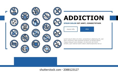 Addiction Substance Dependence Landing Web Page Header Banner Template Vector. Stimulant Drugs And Painkillers Pills, Gambling Game And Alcohol, Tobacco Cigarettes And Marijuana Addiction Illustration