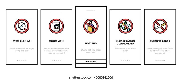 Addiction Substance Dependence Onboarding Mobile App Page Screen Vector. Stimulant Drugs And Painkillers Pills, Gambling Game And Alcohol, Tobacco Cigarettes And Marijuana Addiction. Illustrations