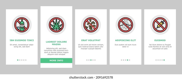 Addiction Substance Dependence Onboarding Mobile App Page Screen Vector. Stimulant Drugs And Painkillers Pills, Gambling Game And Alcohol, Tobacco Cigarettes And Marijuana Addiction. Illustrations