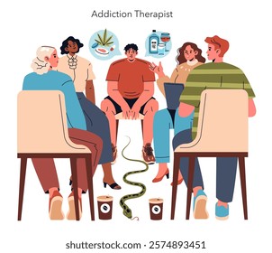 Addiction therapy session concept. Diverse group in counseling for substance abuse. Recovery support, mental health care, and guidance. Vector illustration.