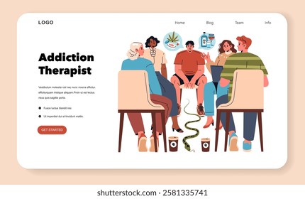 Addiction therapy session concept. Diverse group engages in supportive discussion with therapist. Healing journey, overcoming addiction challenges. Vector illustration.