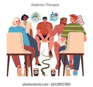 Addiction therapy session showcasing a group discussing challenges and support. The environment emphasizes openness, connection, and understanding among participants and their therapist. Vector