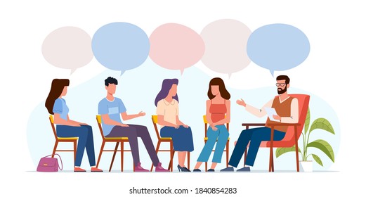 Addiction treatment concept. Group therapy, people counseling with psychologist, persons in psychotherapist sessions, mental health community, vector men and women with speech bubbles at consultation