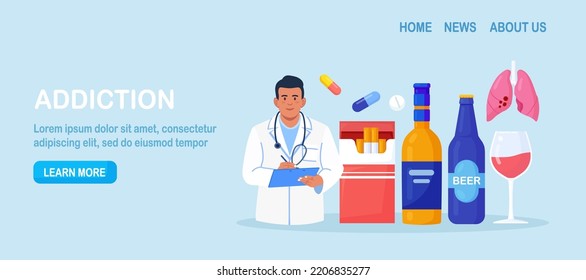 Addiction. Treatment, Diagnosis Of Alcoholism. Doctor Narcologist Advises People With Addictions To Alcohol, Narcotic And Psychotropic Substances, Tobacco. Recovery Of Substance-dependent Patients