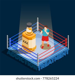 Addiction treatment isometric composition with man during boxing with bottle of alcohol on black background vector illustration