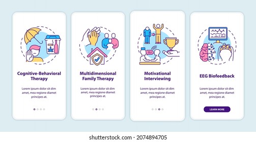 Addiction treatment methods onboarding mobile app page screen with concepts. Behavioral therapy walkthrough 4 steps graphic instructions. UI, UX, GUI vector template with linear color illustrations
