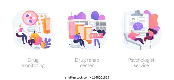 Addiction Treatment, Narcotic Addict Medication, Recovery And Rehabilitation. Drug Monitoring, Drug Rehab Center, Psychologist Service Metaphors. Vector Isolated Concept Metaphor Illustrations.