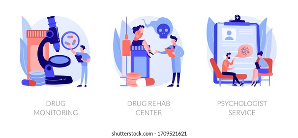 Addiction Treatment, Narcotic Addict Medication, Recovery And Rehabilitation. Drug Monitoring, Drug Rehab Center, Psychologist Service Metaphors. Vector Isolated Concept Metaphor Illustrations.