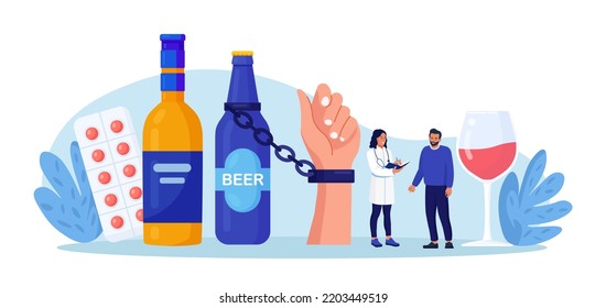 Addiction treatment, recovery and rehabilitation. Life-threatening condition. Person in depression addicted to drugs, alcohol. Drink man chained to alcohol bottle. Strong hangover. Alcoholism therapy