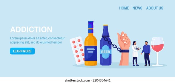 Addiction Treatment, Recovery And Rehabilitation. Life-threatening Condition. Person In Depression Addicted To Drugs, Alcohol. Drink Man Chained To Alcohol Bottle. Strong Hangover. Alcoholism Therapy