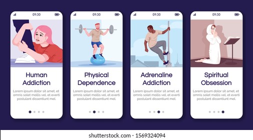 Addiction types onboarding mobile app screen vector template. Spiritual, physical obsession. Walkthrough website steps with flat characters. UX, UI, GUI smartphone cartoon interface concept