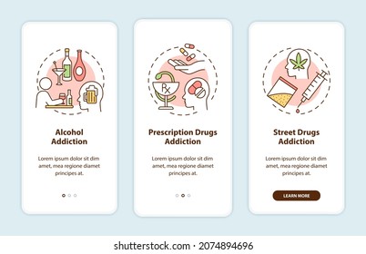 Tipos de adicciones en la pantalla de la página de aplicaciones móviles con conceptos. Recorrido sobre adicción al alcohol de 3 pasos de instrucciones gráficas. UI, UX, plantilla de vector GUI con ilustraciones de color lineales