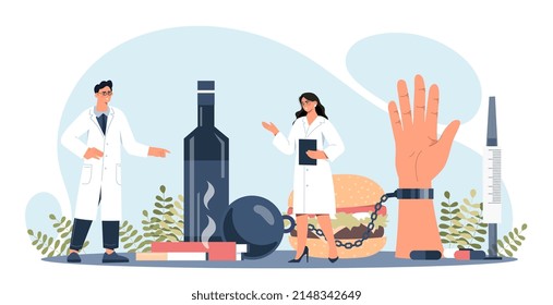 Addiction typographic header. Man and girl in medical gowns examining characters diet, nutrition. Unhealthy lifestyle and diet. Alcohol, cigarettes and fast food. Cartoon flat vector illustration