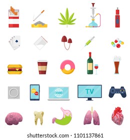Addiction vector addicted and bad habit smoking fastfood or alcohol abuse illustration set of sick internal organs liver or heart isolated on white background