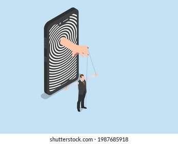 Addiction vector concept. Mobile phone screen showing swirl symbol while controlling businessman like a marionette