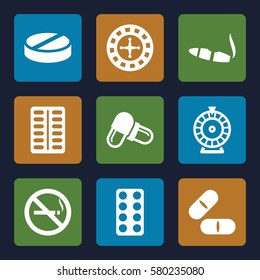 addiction vector icons. Set of 9 addiction filled icons such as no smoking, Roulette, cigarette