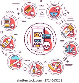 Banner web de adicción. Infografía con iconos lineales sobre fondo blanco. Concepto creativo. Ilustración de color de contorno aislada.