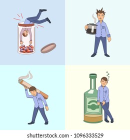 Addictions and bad habbits. Set of example cartoon characters. Vector illustration. Isolated.