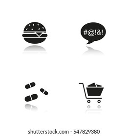 Addictions drop shadow black icons set. Obesity, dirty language, pills and oniomania shopping. Fast food, drugs, shopping cart and swearing. Isolated vector illustrations