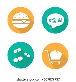 Addictions flat design long shadow icons set. Obesity, dirty language, pills and oniomania shopping. Fast food, drugs, shopping cart and swearing. Vector silhouette illustration