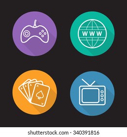 Addictions linear icons set. Game console joystick, www internet symbol, playing cards deck, retro tv. Bad habits long shadow outline concepts. White line illustrations on color circles. Vector