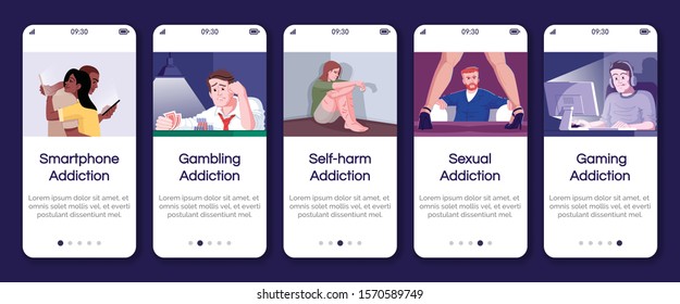 Addictions Onboarding Mobile App Page Screen Vector Template. Gambling Obsession, Self Harm. Walkthrough Website Steps With Flat Characters. UX, UI, GUI Smartphone Cartoon Interface Concept