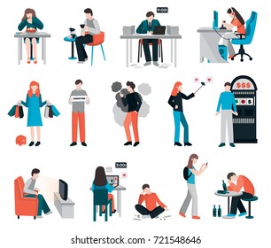 Addictions people flat images collection of isolated human characters their pernicious habits addictions and substance abuse vector illustration