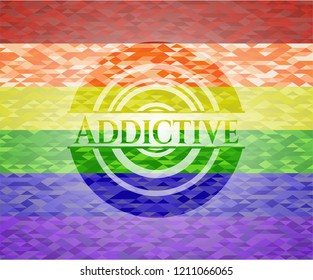 Addictive emblem on mosaic background with the colors of the LGBT flag