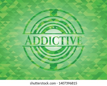 Addictive green emblem with triangle mosaic background. Vector Illustration. Detailed.