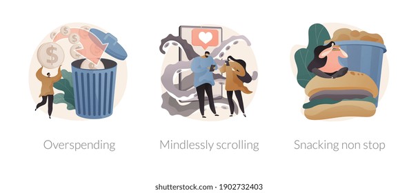 Addictive habits abstract concept vector illustration set. Overspending, mindlessly scrolling, snacking non-stop, social media addiction, diet and nutrition, junk food abstract metaphor.