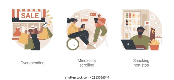 Addictive habits abstract concept vector illustration set. Overspending, mindlessly scrolling, snacking non-stop, social media addiction, diet and nutrition, junk food abstract metaphor.