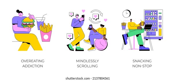Addictive habits abstract concept vector illustration set. Overeating, mindlessly scrolling, snacking non-stop, mental problem, sugar and junk food, diet and nutrition, social media abstract metaphor.