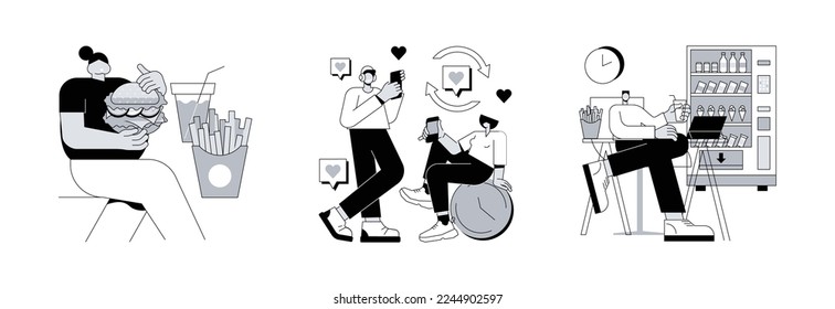 Addictive habits abstract concept vector illustration set. Overeating, mindlessly scrolling, snacking non-stop, mental problem, sugar and junk food, diet and nutrition, social media abstract metaphor.
