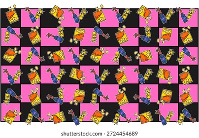 Una ilustración de fondo de patrón adictivo con patatas fritas dispersas y alcohol.