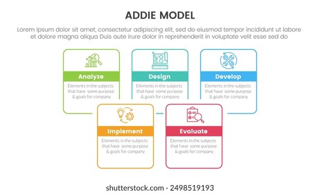 ADDIE model framework infographic template banner with square rectangle box joined combine outline with 5 point list information for slide presentation vector