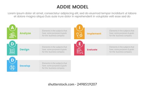 ADDIE model framework infographic template banner with long rectangle box grey background with 5 point list information for slide presentation vector