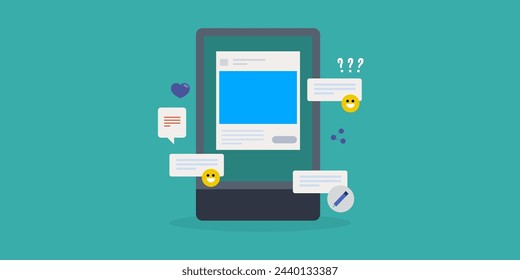 Adding caption texts to social media post for better audience engagement, Social media marketing strategy, engaging content marketing - vector illustration banner with icons