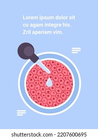 adding drop of liquid from flask in petri dish with cultured raw red meat made from animal cells artificial lab grown meat production