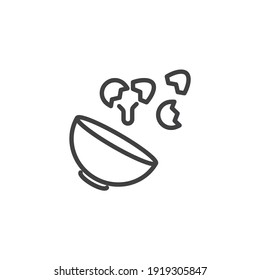 Añadir huevo al icono de la línea del tazón. signo de estilo lineal para concepto móvil y diseño web. Icono vectorial del contorno de hormigón y cocción. Símbolo, ilustración del logotipo. Gráficos vectoriales