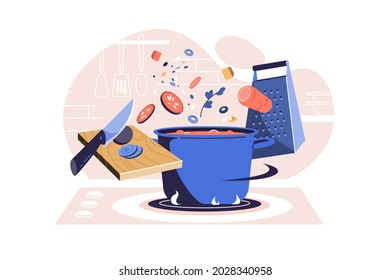 Adding fresh ingredients to soup vector illustration. Boiling pot on stove, cut veggies flat style. Food, cuisine, eating, cooking concept