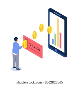 Agregar cuenta de fondos. El hombre transfiere dinero a un depósito bancario. Pago digital. Transacciones financieras. Persona pone monedas en billetera electrónica móvil. Solicitud bancaria. Concepto de vector