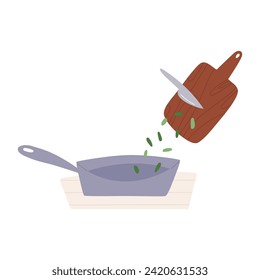 Adding green onion from cutting board to frying pan, cartoon flat vector illustration isolated on white background. Hand drawn cooking process. Kitchen tools.