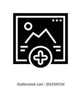 agregar imagen de medio social ugc gyph icono vector. agregar imagen de la señal ugc de medios sociales. símbolo de contorno aislado ilustración negra