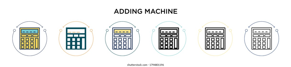 Adding machine icon in filled, thin line, outline and stroke style. Vector illustration of two colored and black adding machine vector icons designs can be used for mobile, ui, web