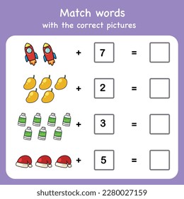 adding and match with pictures. Educational worksheet for preschool