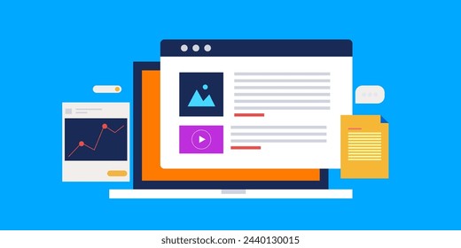 Adding new content to website, Informative content blog post, article, video content increasing impression on search engine and driving website traffic - vector illustration background