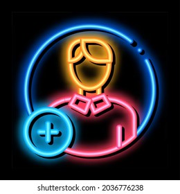 adding new person neon light sign vector. Glowing bright icon adding new person sign. transparent symbol illustration