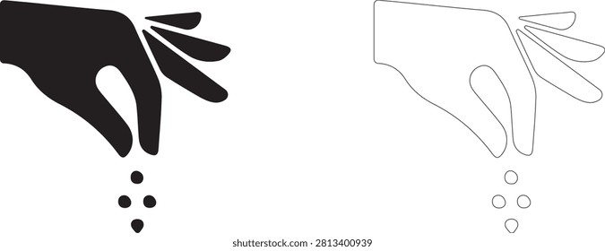 Adding pinch of salt vector icon filled and outline, hand sprinkling spices and seasoning into dish symbol.