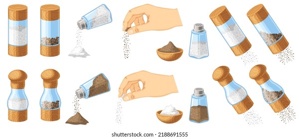 Adding Salt And Pepper. Pinch In Hand, Kitchen Mill And Transparent Shaker. Bowl For Cooking Ingredients Cartoon Vector Set. Glass Container With Wooden Elements Containing Seasoning